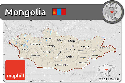 Shaded Relief Map of Mongolia, lighten, desaturated