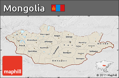 Shaded Relief Map of Mongolia, lighten, desaturated