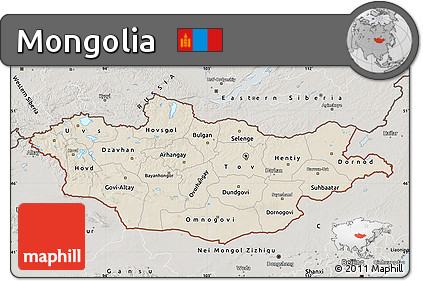 Shaded Relief Map of Mongolia, semi-desaturated