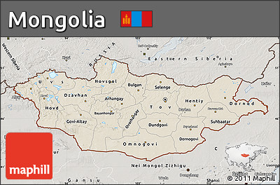 Shaded Relief Map of Mongolia, semi-desaturated