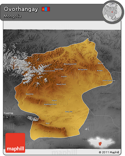 Physical 3D Map of Ovorhangay, darken, desaturated