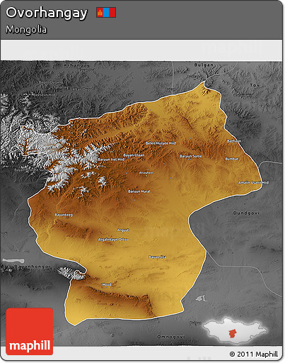 Physical 3D Map of Ovorhangay, darken, desaturated