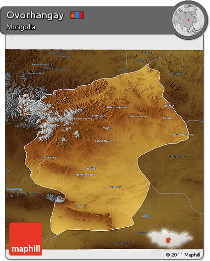 Physical 3D Map of Ovorhangay, darken