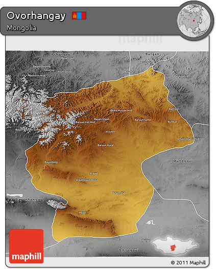 Physical 3D Map of Ovorhangay, desaturated