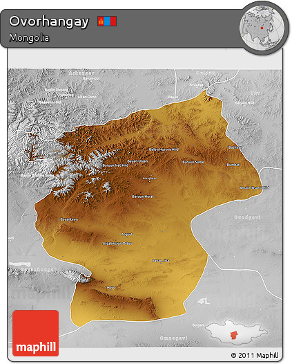Physical 3D Map of Ovorhangay, lighten, desaturated
