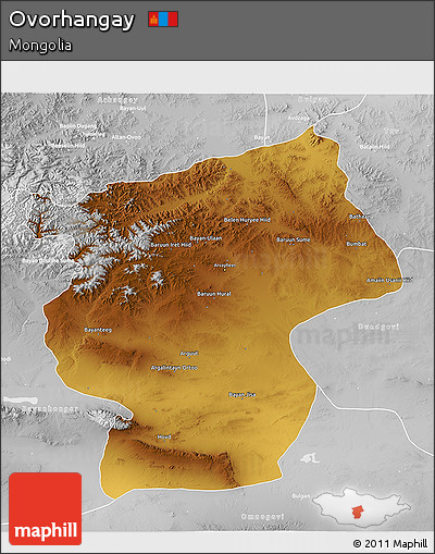 Physical 3D Map of Ovorhangay, lighten, desaturated