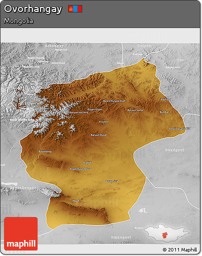 Physical 3D Map of Ovorhangay, lighten, desaturated