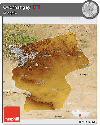Physical 3D Map of Ovorhangay, satellite outside