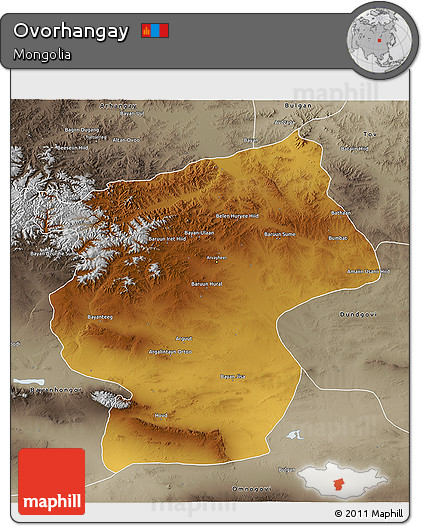Physical 3D Map of Ovorhangay, semi-desaturated