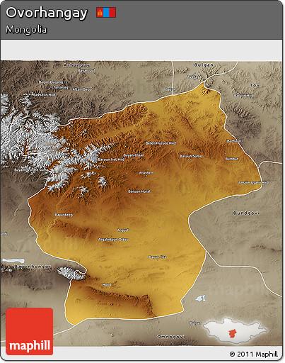 Physical 3D Map of Ovorhangay, semi-desaturated