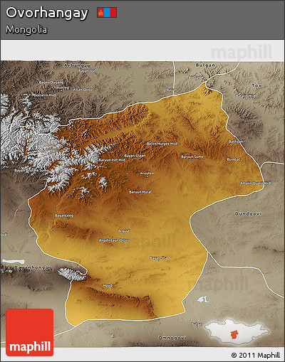 Physical 3D Map of Ovorhangay, semi-desaturated