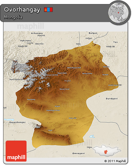 Physical 3D Map of Ovorhangay, shaded relief outside