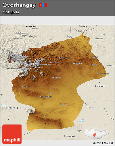 Physical 3D Map of Ovorhangay, shaded relief outside