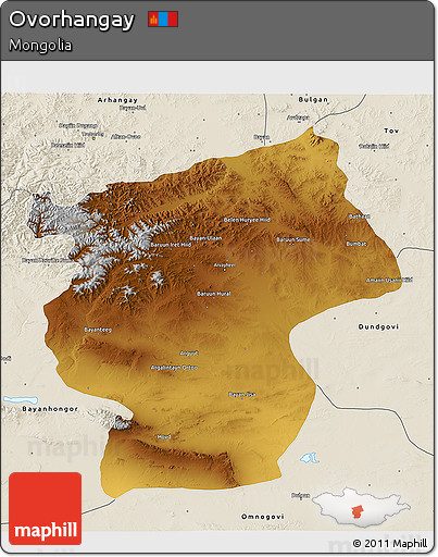 Physical 3D Map of Ovorhangay, shaded relief outside