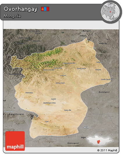 Satellite 3D Map of Ovorhangay, darken, semi-desaturated