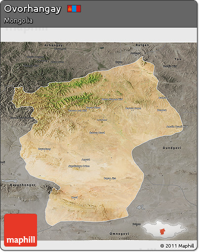 Satellite 3D Map of Ovorhangay, darken, semi-desaturated