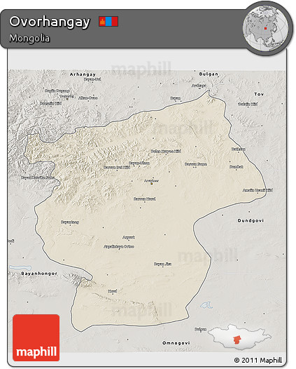 Shaded Relief 3D Map of Ovorhangay, semi-desaturated
