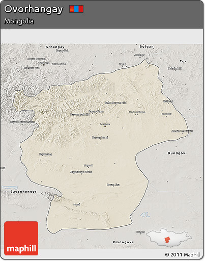 Shaded Relief 3D Map of Ovorhangay, semi-desaturated