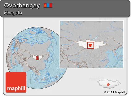 Gray Location Map of Ovorhangay, highlighted country, within the entire country, hill shading