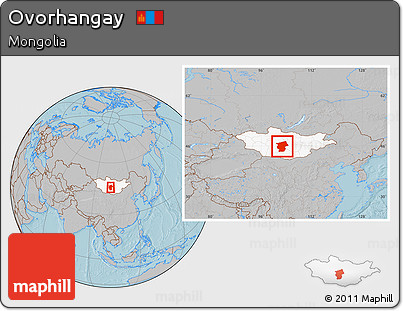 Gray Location Map of Ovorhangay, highlighted country, within the entire country, hill shading