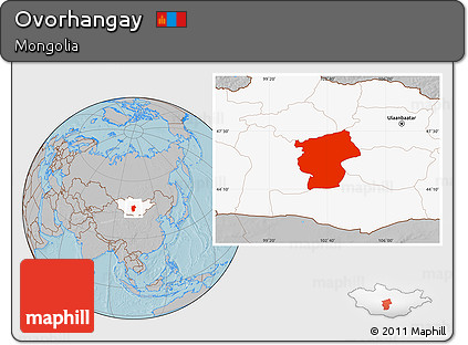 Gray Location Map of Ovorhangay, highlighted country, hill shading