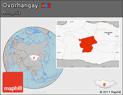 Gray Location Map of Ovorhangay, highlighted country, hill shading
