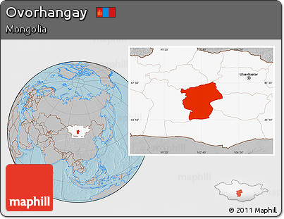Gray Location Map of Ovorhangay, highlighted country, hill shading