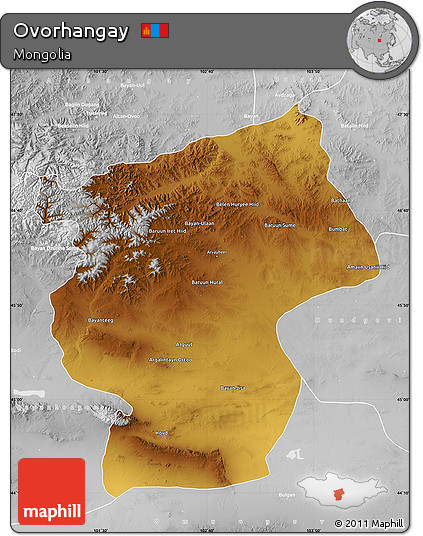 Physical Map of Ovorhangay, lighten, desaturated