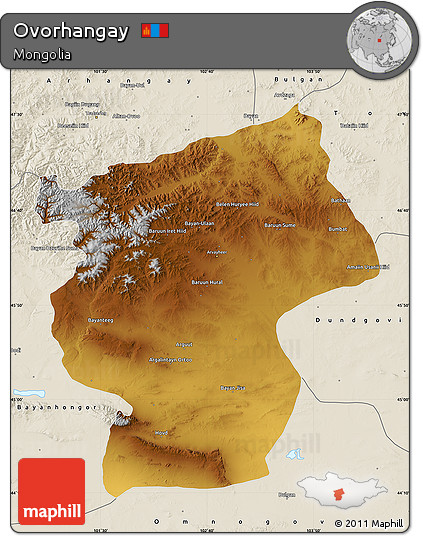 Physical Map of Ovorhangay, shaded relief outside
