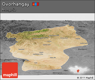 Satellite Panoramic Map of Ovorhangay, darken, desaturated