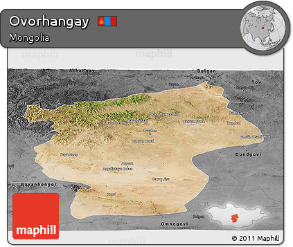 Satellite Panoramic Map of Ovorhangay, darken, desaturated