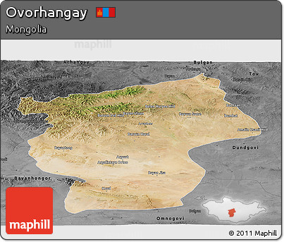 Satellite Panoramic Map of Ovorhangay, darken, desaturated