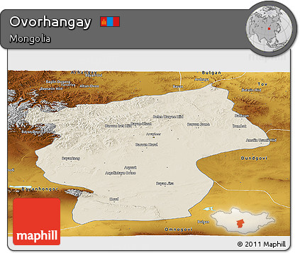 Shaded Relief Panoramic Map of Ovorhangay, physical outside