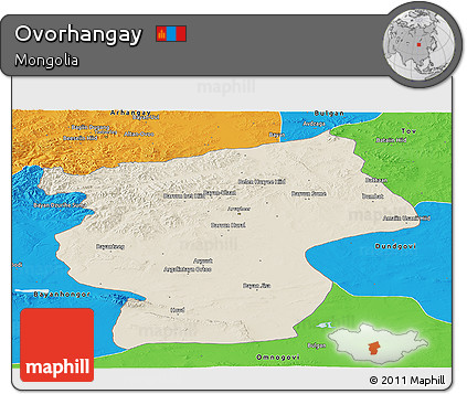 Shaded Relief Panoramic Map of Ovorhangay, political outside