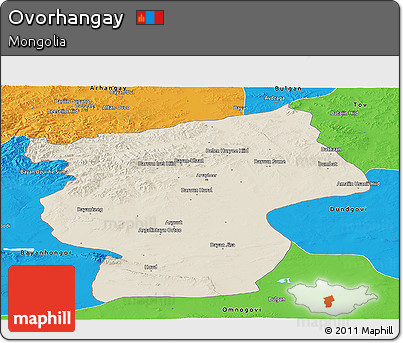 Shaded Relief Panoramic Map of Ovorhangay, political outside