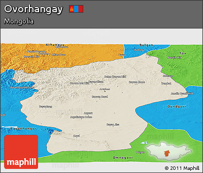 Shaded Relief Panoramic Map of Ovorhangay, political outside