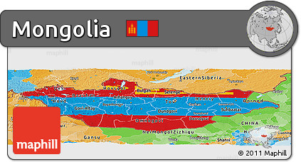 Flag Panoramic Map of Mongolia, political outside, flag rotated