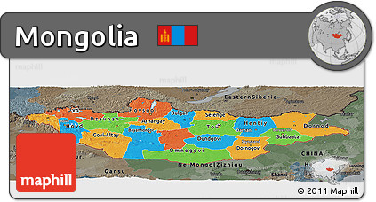 Political Panoramic Map of Mongolia, darken, semi-desaturated