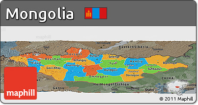 Political Panoramic Map of Mongolia, darken, semi-desaturated