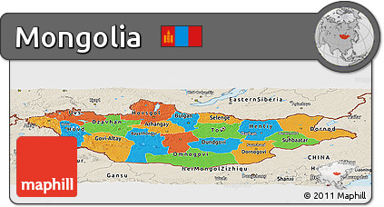 Political Panoramic Map of Mongolia, shaded relief outside