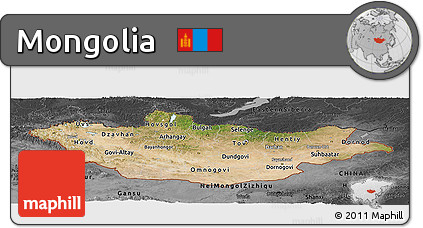 Satellite Panoramic Map of Mongolia, darken, desaturated