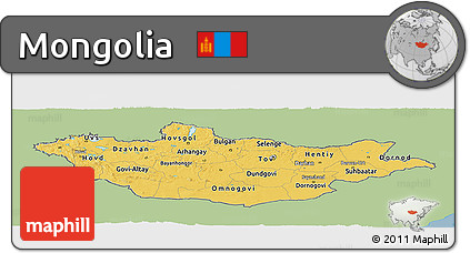 Savanna Style Panoramic Map of Mongolia, single color outside