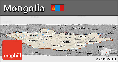 Shaded Relief Panoramic Map of Mongolia, darken, desaturated