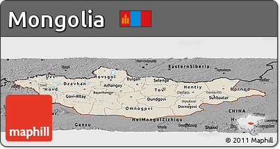 Shaded Relief Panoramic Map of Mongolia, darken, desaturated