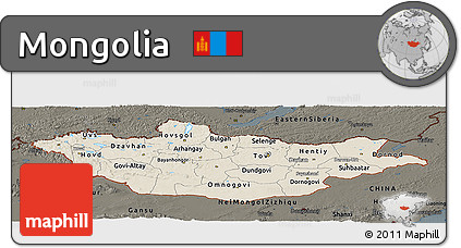 Shaded Relief Panoramic Map of Mongolia, darken