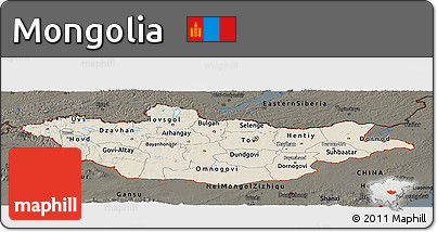 Shaded Relief Panoramic Map of Mongolia, darken
