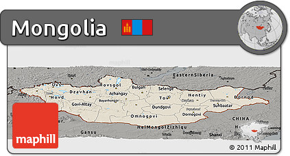 Shaded Relief Panoramic Map of Mongolia, darken, semi-desaturated