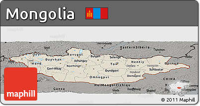 Shaded Relief Panoramic Map of Mongolia, darken, semi-desaturated