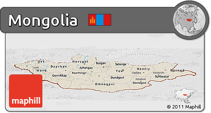 Shaded Relief Panoramic Map of Mongolia, lighten, desaturated