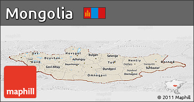 Shaded Relief Panoramic Map of Mongolia, lighten, desaturated